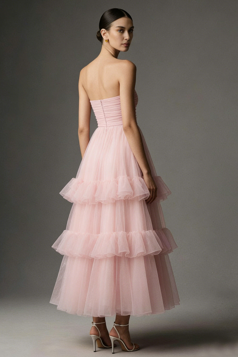 Pink Strapless A Line Tulle Ankle Length Formal Dress with Ruffles