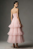 Pink Strapless A Line Tulle Ankle Length Formal Dress with Ruffles