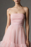Pink Strapless A Line Tulle Ankle Length Formal Dress with Ruffles