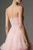 Pink Strapless A Line Tulle Ankle Length Formal Dress with Ruffles