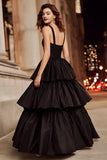 Black Thick Straps A Line Long Formal Dress with Ruffles