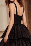 Black Thick Straps A Line Long Formal Dress with Ruffles