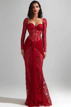 Red Lace Mermaid Sweetheart Long Sleeves Formal Dress