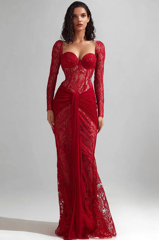 Red Lace Mermaid Sweetheart Long Sleeves Formal Dress