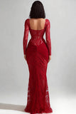 Red Lace Mermaid Sweetheart Long Sleeves Formal Dress