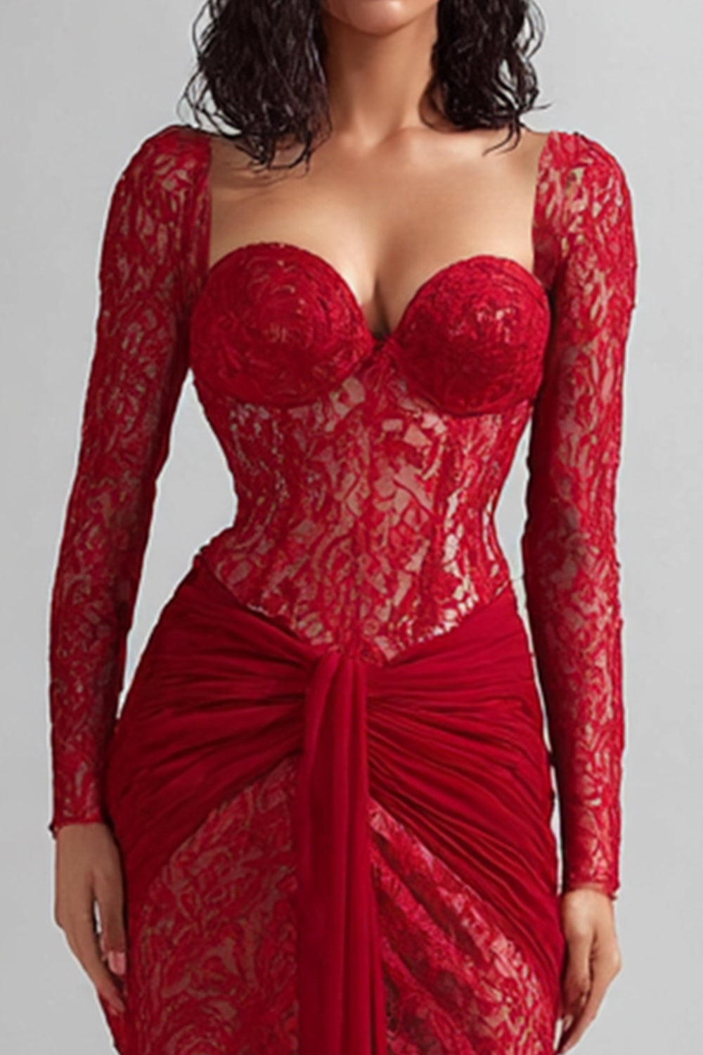 Red Lace Mermaid Sweetheart Long Sleeves Formal Dress