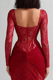 Red Lace Mermaid Sweetheart Long Sleeves Formal Dress