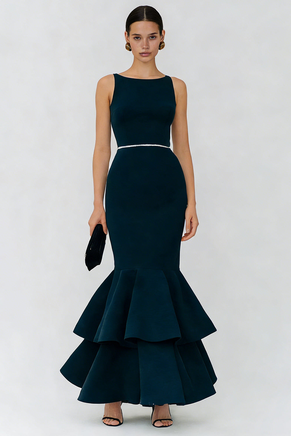 Sparkly Navy Mermaid Ruffled Boat Neck Long Formal Dress with Beading