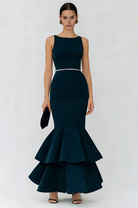 Sparkly Navy Mermaid Ruffled Boat Neck Long Formal Dress with Beading