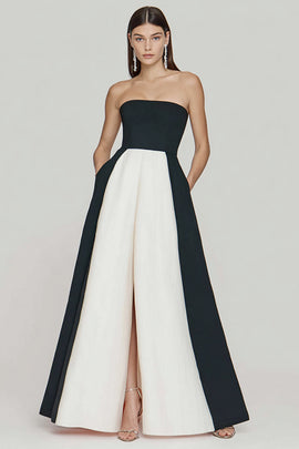 Black and White A Line Strapless Long Formal Dress with Slit