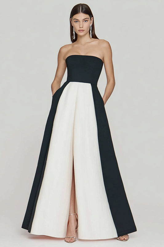 Black and White A Line Strapless Long Formal Dress with Slit