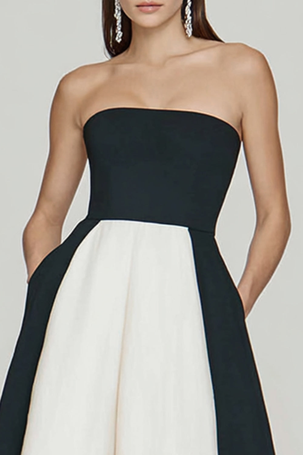 Black and White A Line Strapless Long Formal Dress with Slit