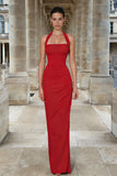 Red Mermaid Halter Neck Ruched Long Formal Dress