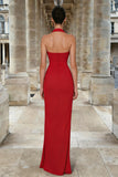 Red Mermaid Halter Neck Ruched Long Formal Dress