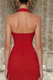Red Mermaid Halter Neck Ruched Long Formal Dress