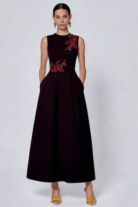 Floral Black Round Neck A Line Ankle Length Formal Dress