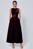 Floral Black Round Neck A Line Ankle Length Formal Dress