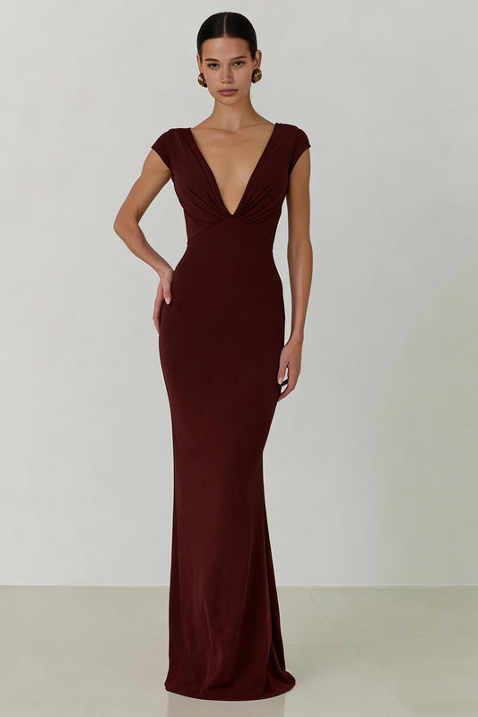 Cabernet Mermaid V-Neck Backless Long Formal Dress