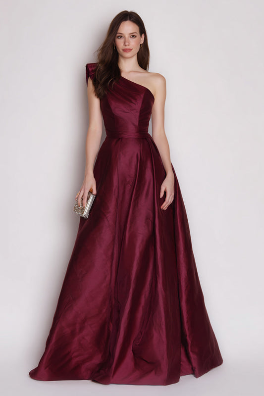 Burgundy Satin A Line One Shoulder Long Formal Dress
