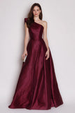 Burgundy Satin A Line One Shoulder Long Formal Dress