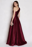 Burgundy Satin A Line One Shoulder Long Formal Dress