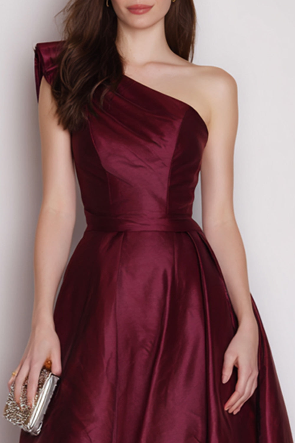Burgundy Satin A Line One Shoulder Long Formal Dress