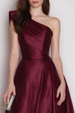 Burgundy Satin A Line One Shoulder Long Formal Dress