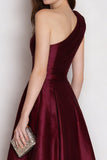 Burgundy Satin A Line One Shoulder Long Formal Dress