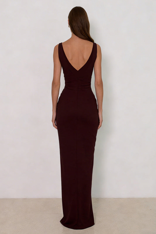 Cabernet Mermaid Backless V-Neck Long Formal Dress