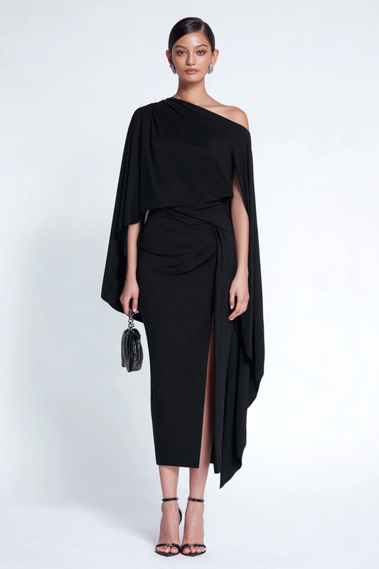 Black Sheath One Shoulder Midi Formal Dress with Cape