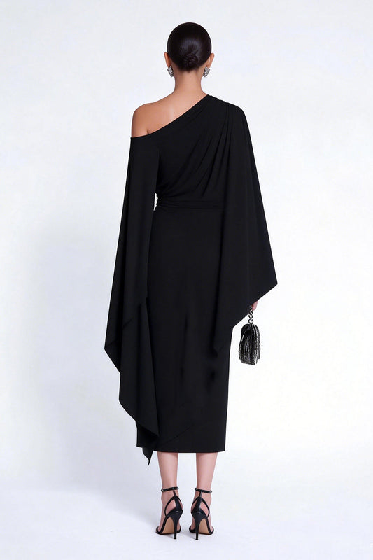 Black Sheath One Shoulder Midi Formal Dress with Cape