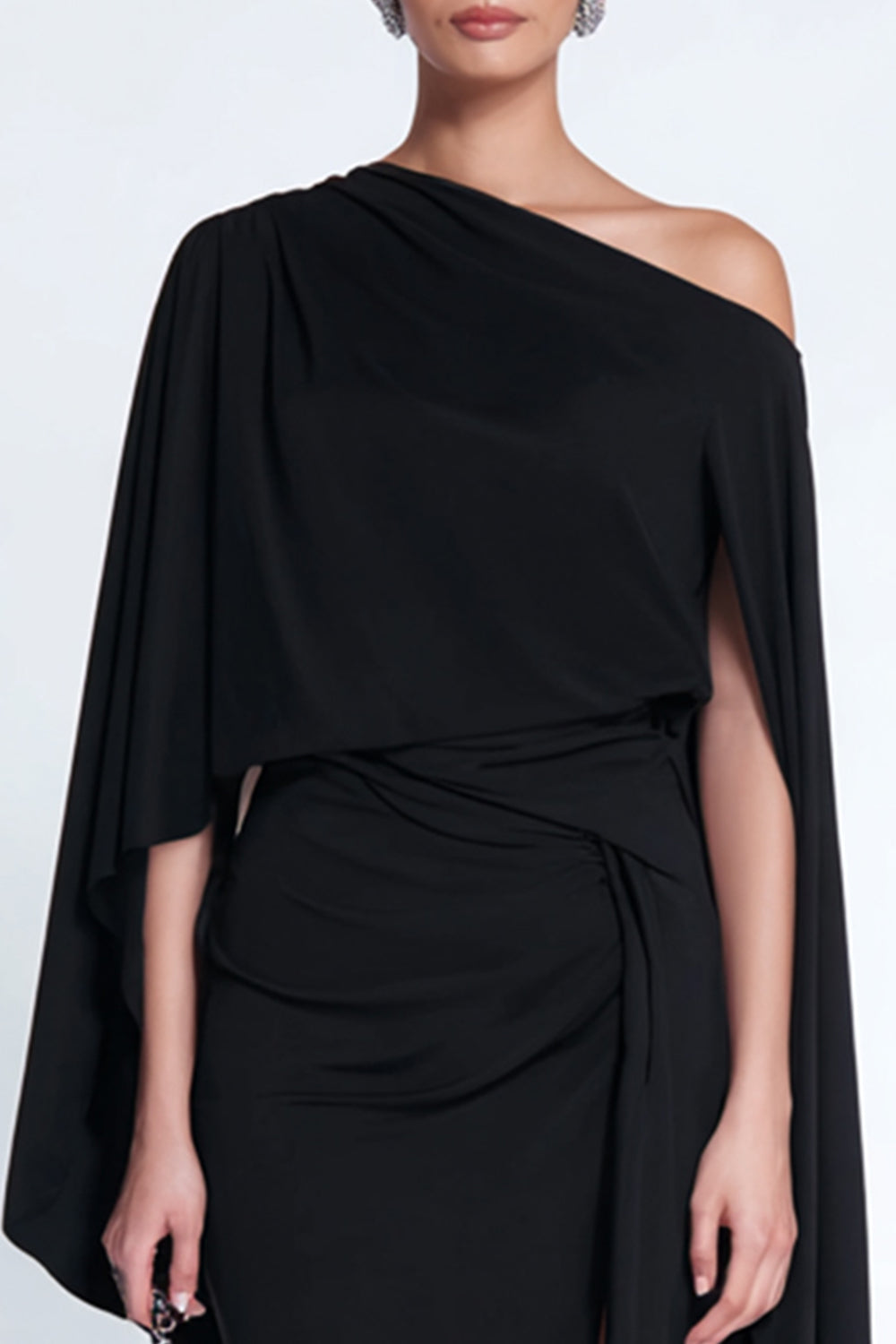 Black Sheath One Shoulder Midi Formal Dress with Cape