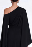 Black Sheath One Shoulder Midi Formal Dress with Cape