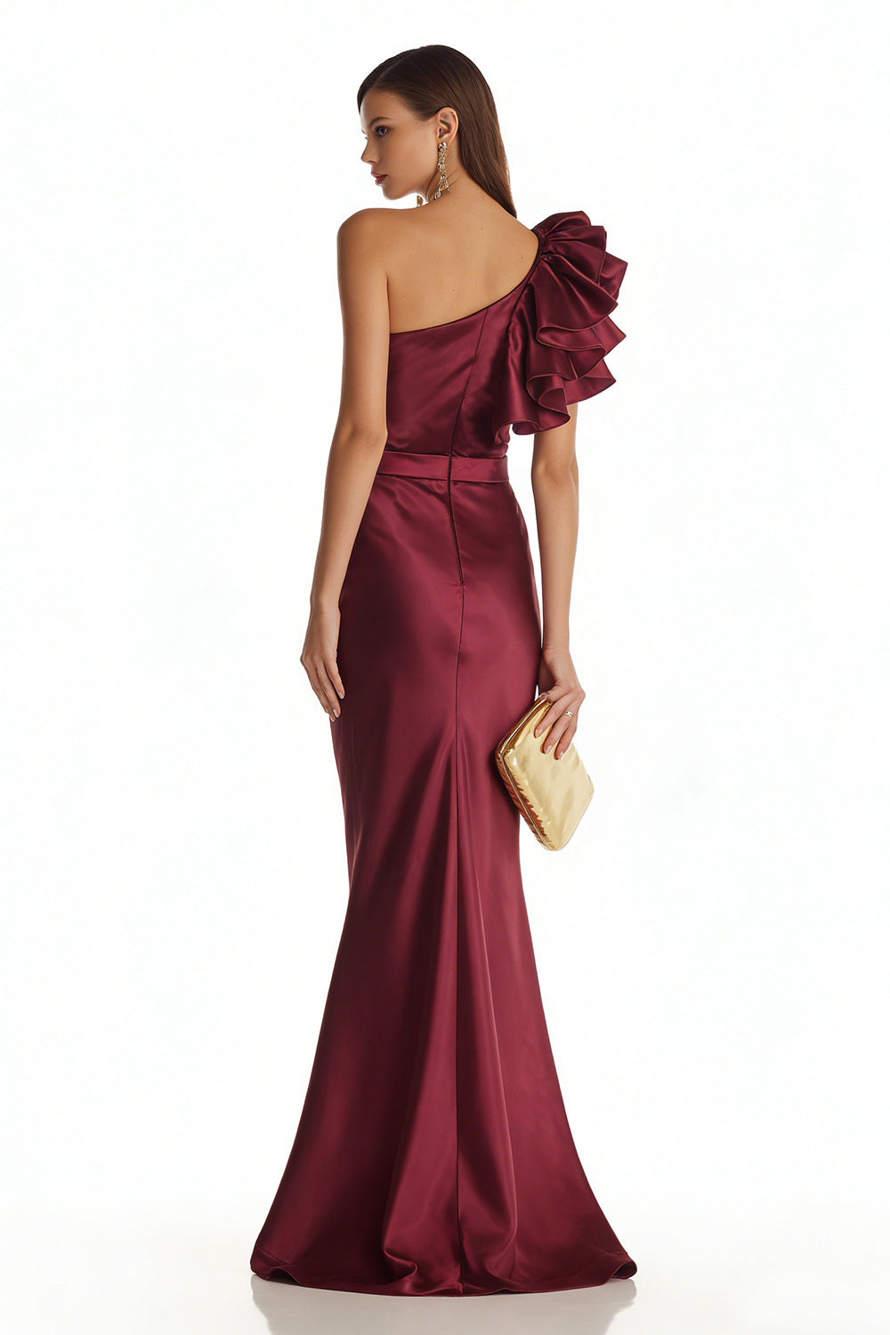 Burgundy Mermaid One Shoulder Long Formal Dress with 3D Flower