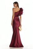 Burgundy Mermaid One Shoulder Long Formal Dress with 3D Flower