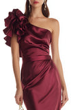 Burgundy Mermaid One Shoulder Long Formal Dress with 3D Flower