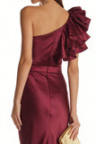 Burgundy Mermaid One Shoulder Long Formal Dress with 3D Flower