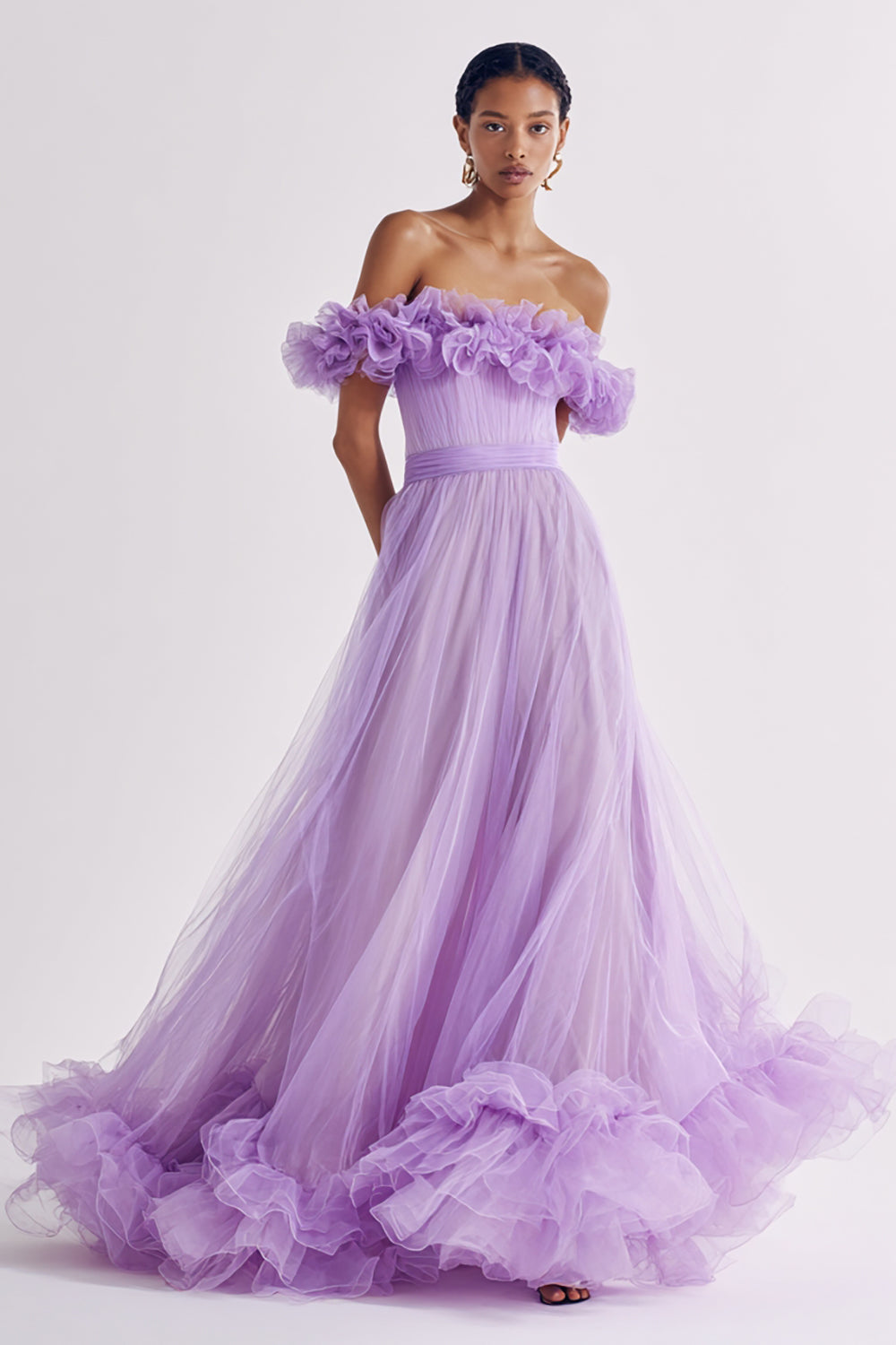 Lilac Off the Shoulder Tulle A Line Long Formal Dress with Ruffles