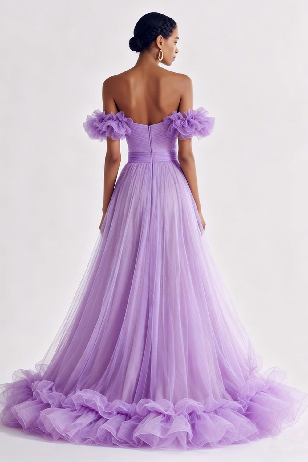 Lilac Off the Shoulder Tulle A Line Long Formal Dress with Ruffles