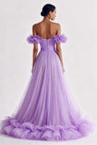Lilac Off the Shoulder Tulle A Line Long Formal Dress with Ruffles