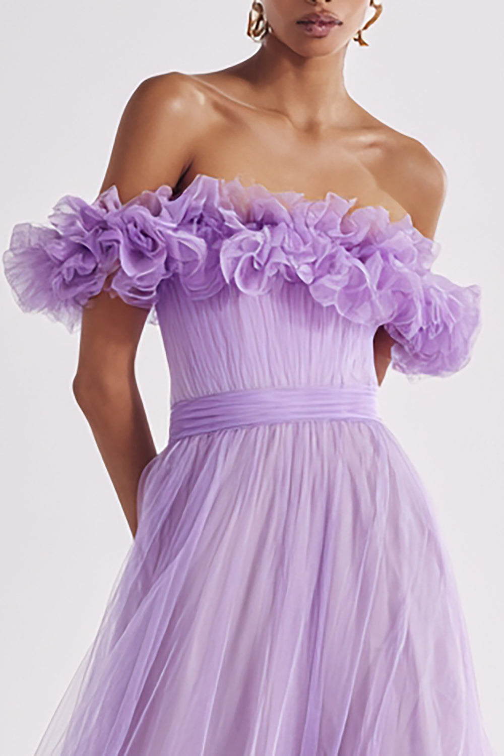 Lilac Off the Shoulder Tulle A Line Long Formal Dress with Ruffles