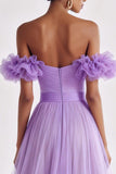 Lilac Off the Shoulder Tulle A Line Long Formal Dress with Ruffles