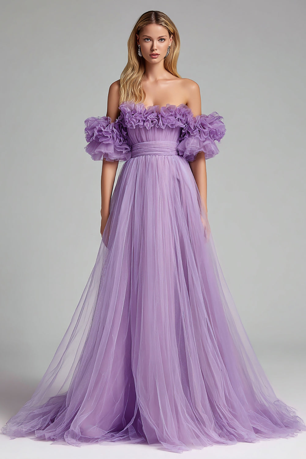 Lilac Ruffled Off the Shoulder A Line Tulle Long Formal Dress