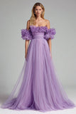 Lilac Ruffled Off the Shoulder A Line Tulle Long Formal Dress