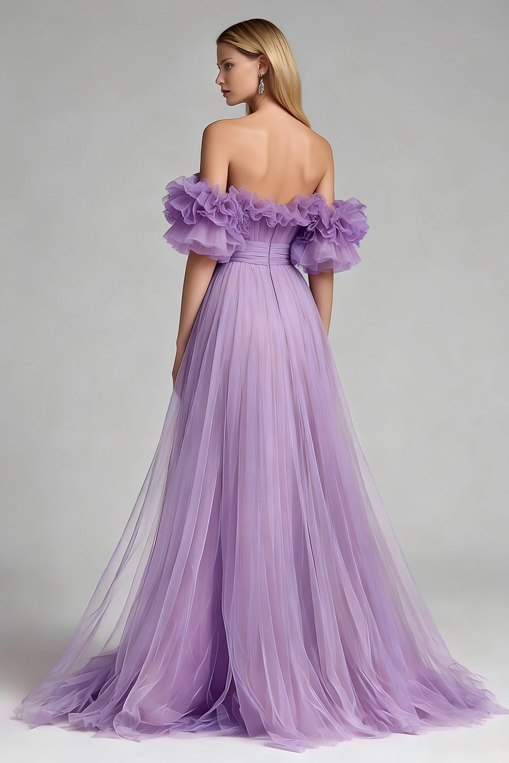 Lilac Ruffled Off the Shoulder A Line Tulle Long Formal Dress