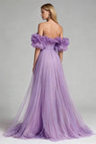 Lilac Ruffled Off the Shoulder A Line Tulle Long Formal Dress