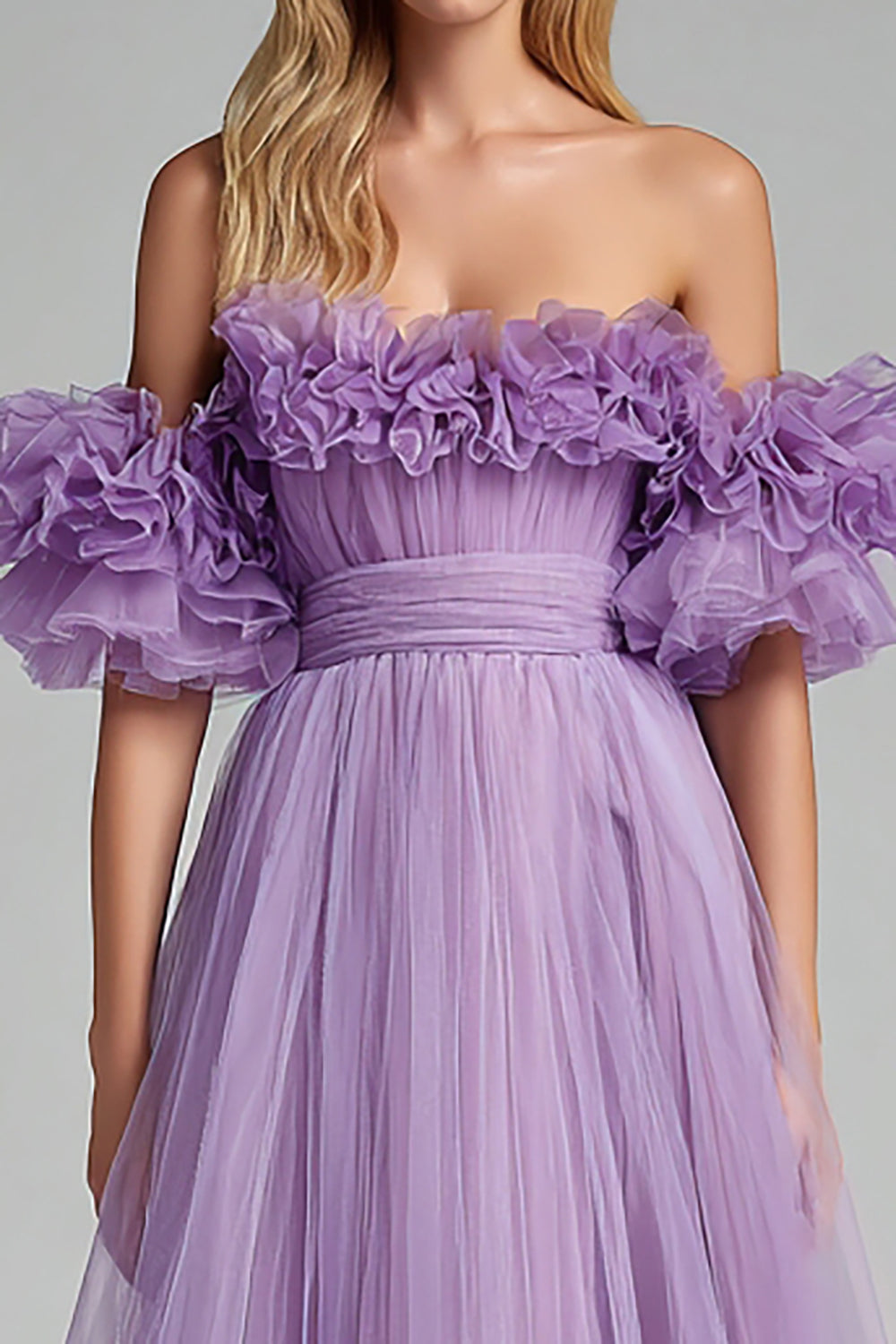 Lilac Ruffled Off the Shoulder A Line Tulle Long Formal Dress