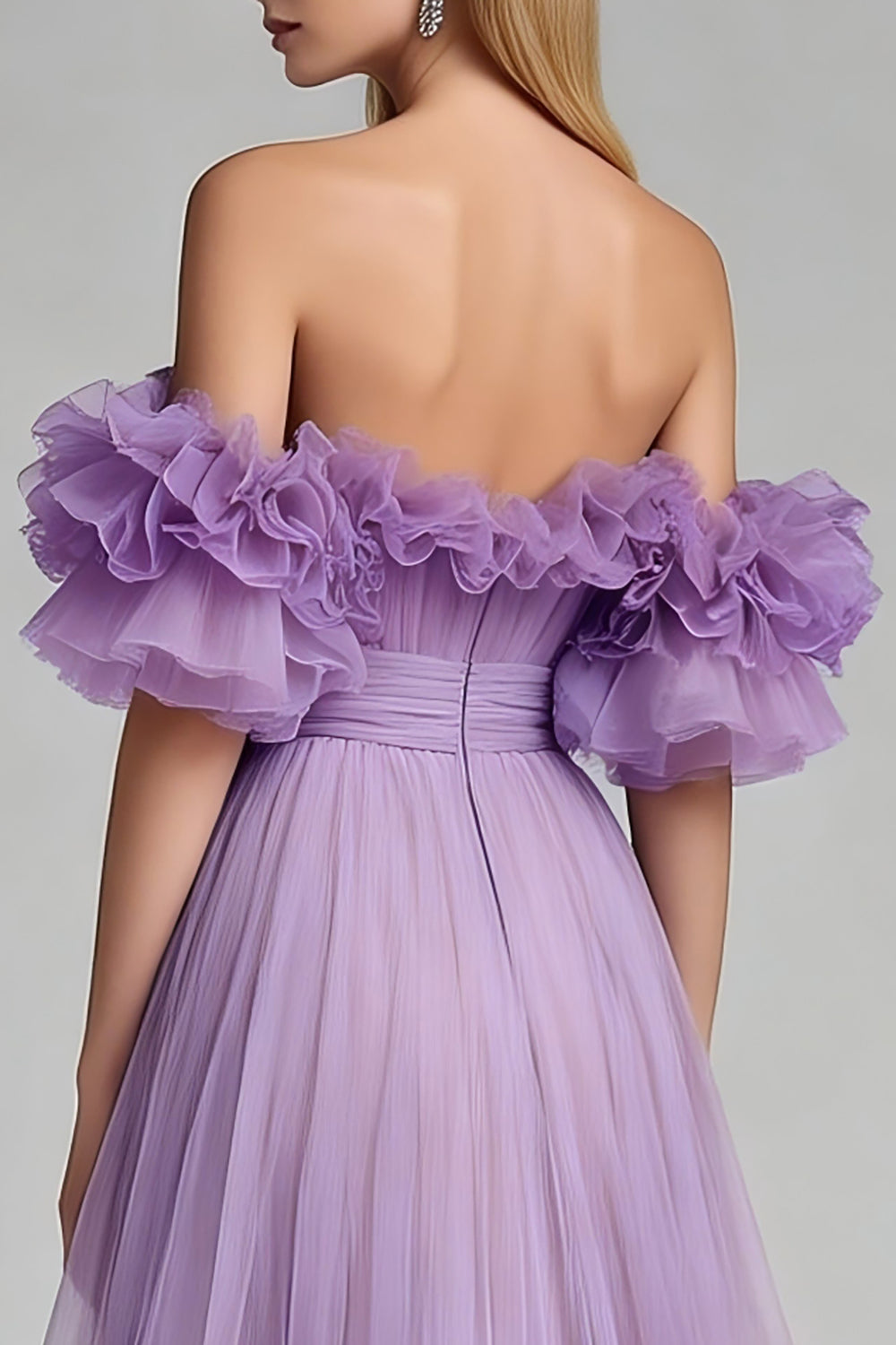 Lilac Ruffled Off the Shoulder A Line Tulle Long Formal Dress