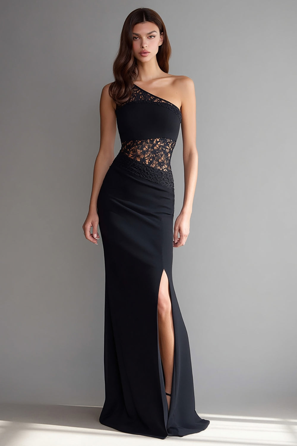 Black Mermaid One Shoulder Lace Long Formal Dress with Slit