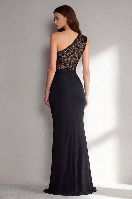Black Mermaid One Shoulder Lace Long Formal Dress with Slit